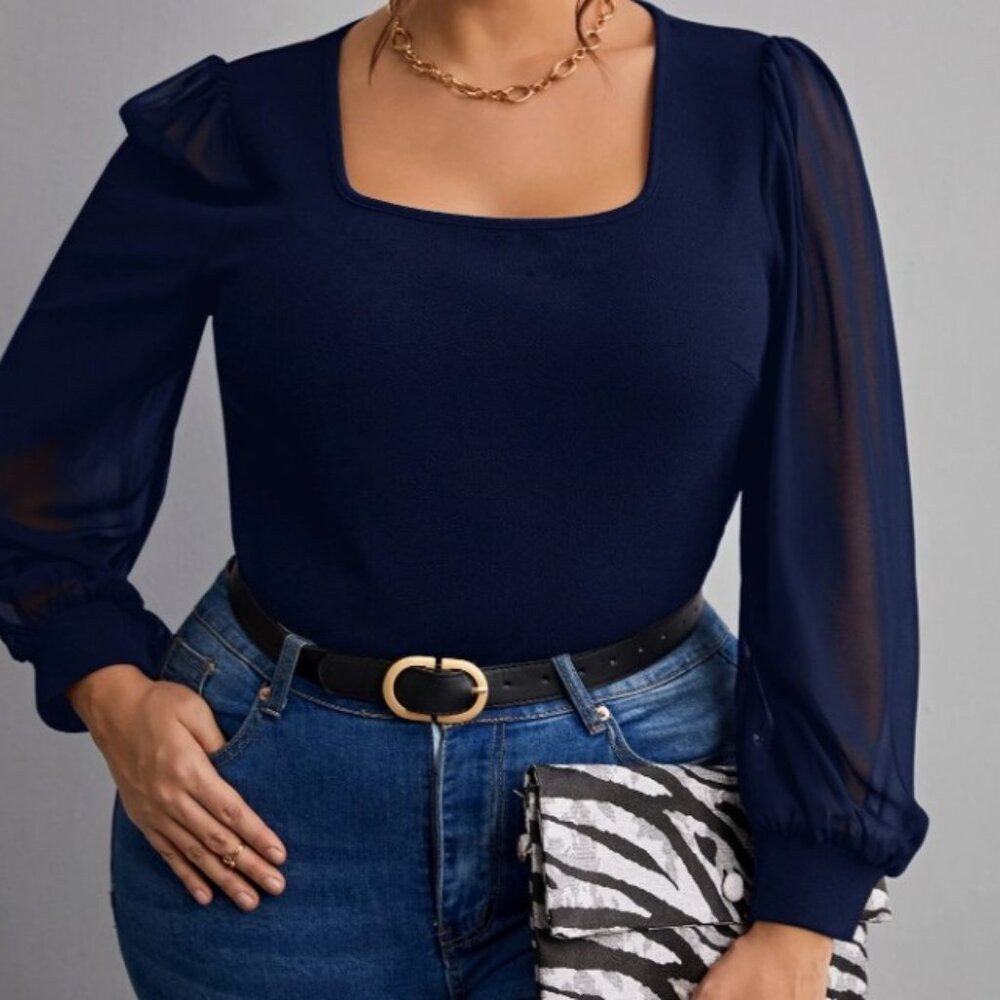 Plus Size Contrast Mesh Lantern Sleeve Square Neck Top - Navy Blue, 2XL